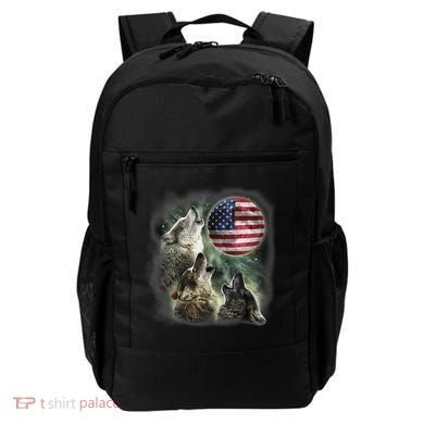 The Mountain Three Wolfs American Flag Moons Backpack