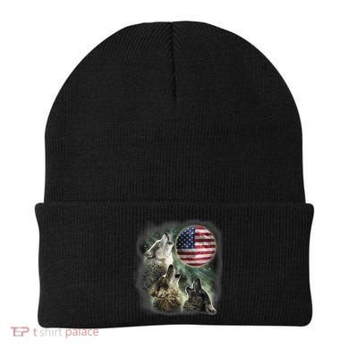 The Mountain Three Wolfs American Flag Moons Beanie