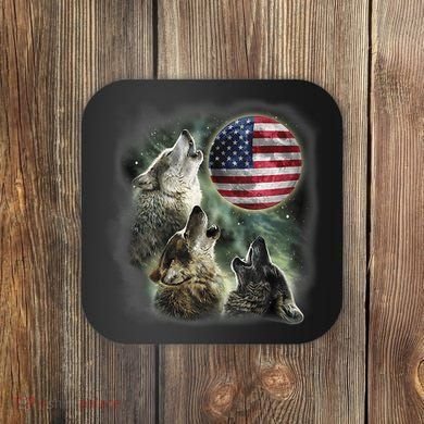 The Mountain Three Wolfs American Flag Moons Coaster