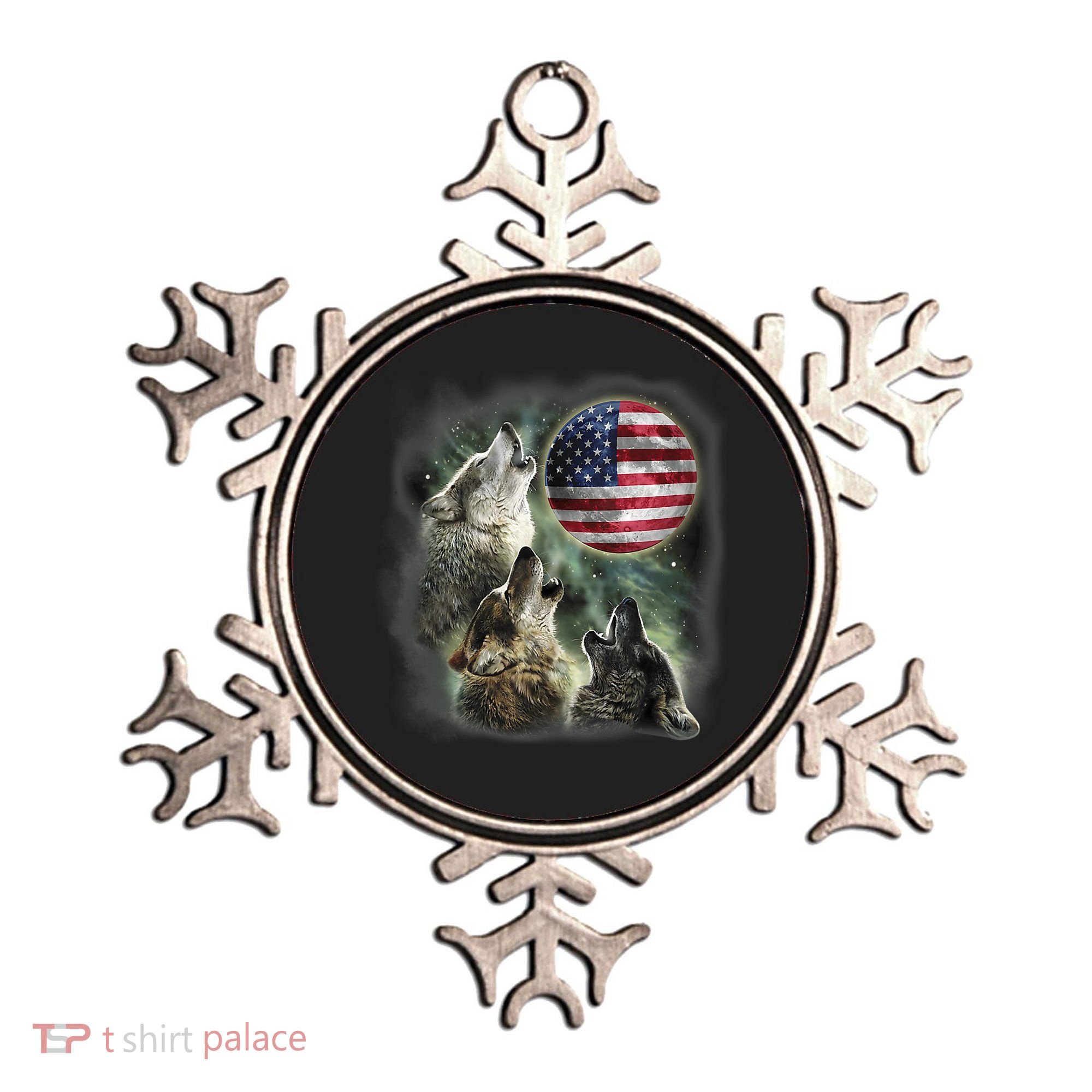 The Mountain Three Wolfs American Flag Moons Ornament