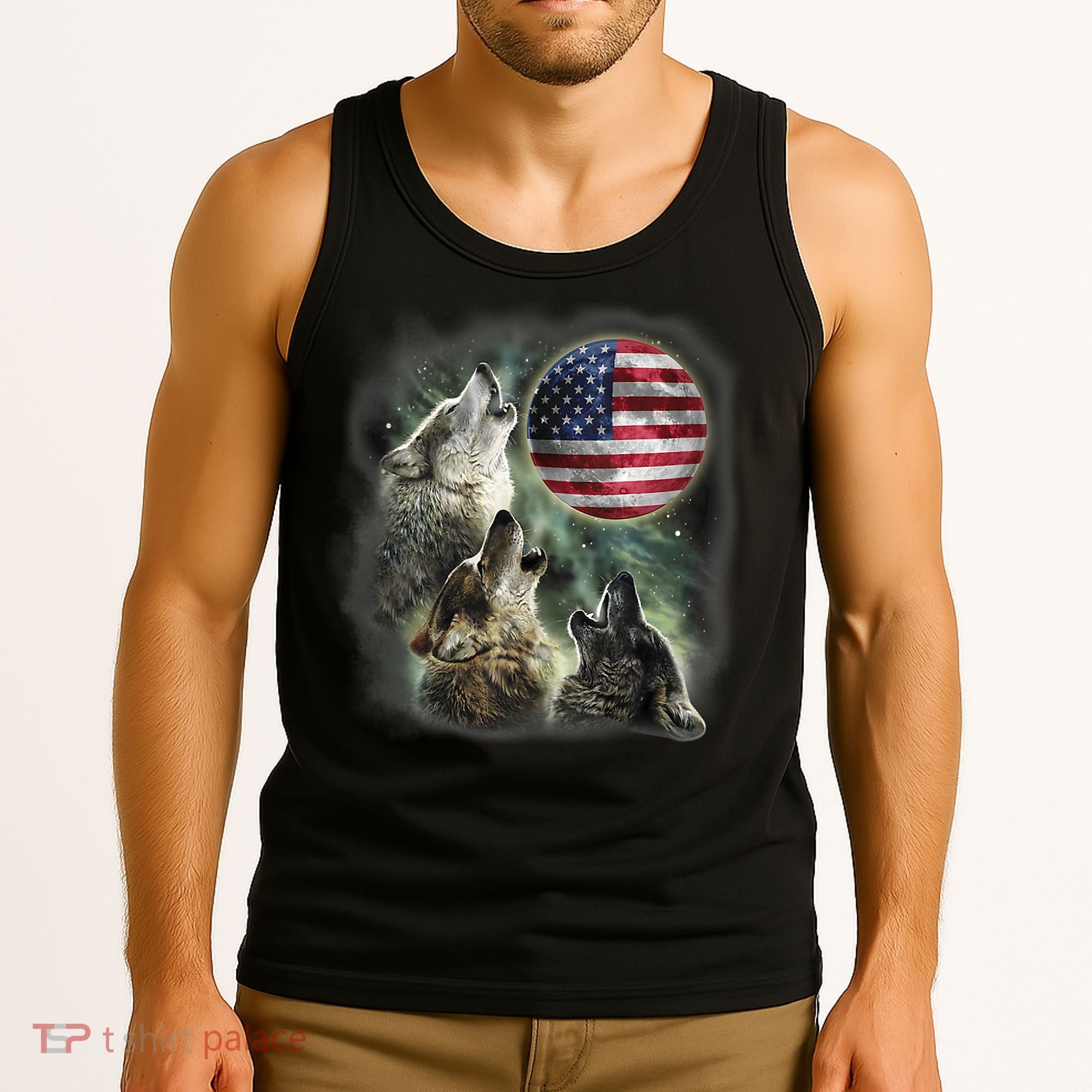 The Mountain Three Wolfs American Flag Moons Tank Top