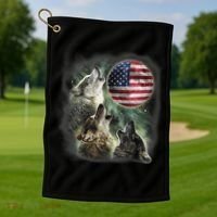 The Mountain Three Wolfs American Flag Moons Golf Towel thumb 1