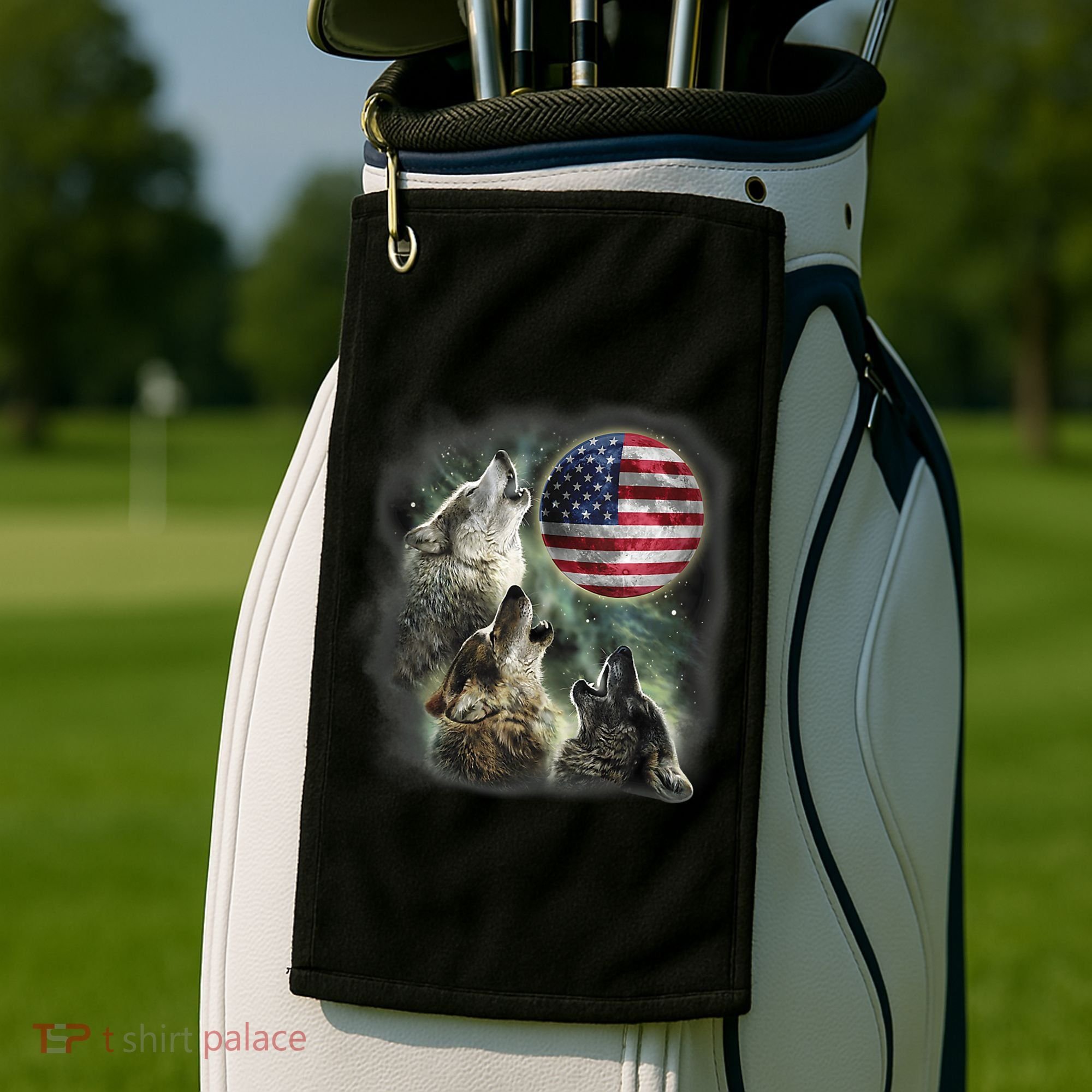 The Mountain Three Wolfs American Flag Moons Golf Towel