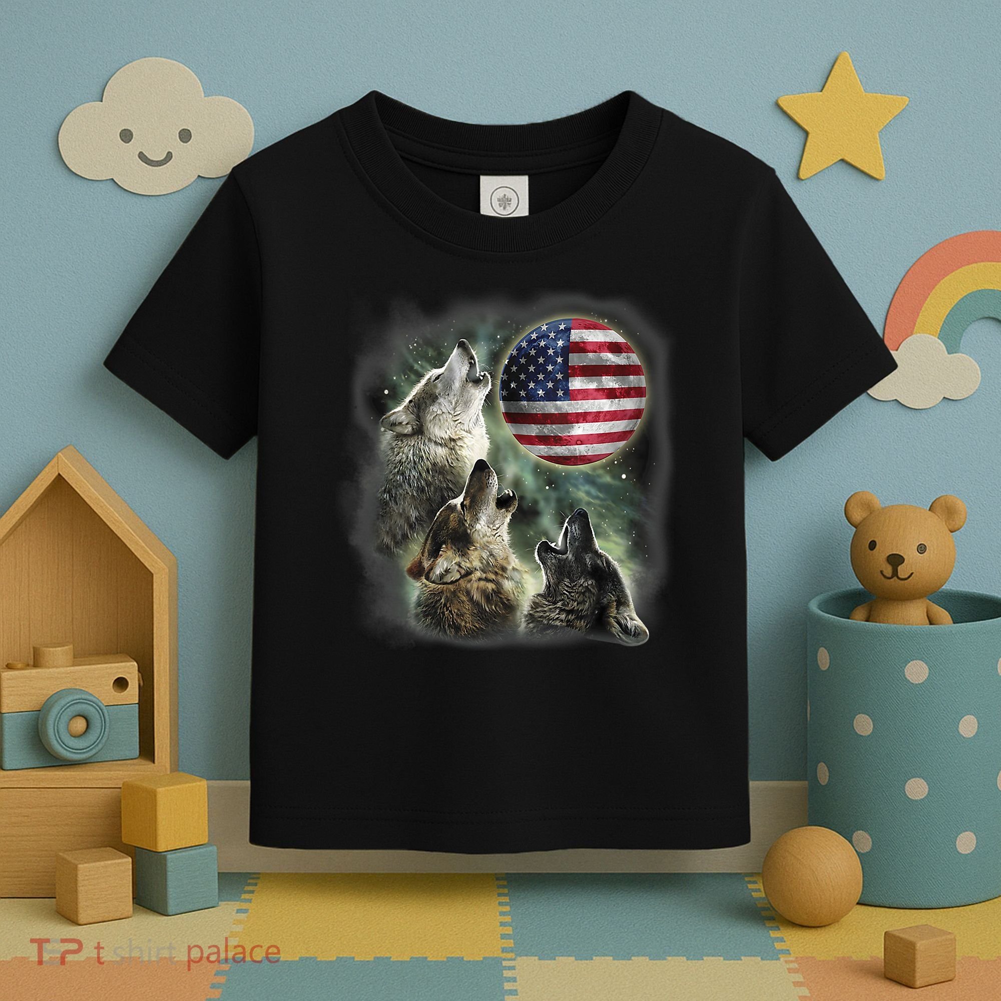 The Mountain Three Wolfs American Flag Moons Toddler T-Shirt
