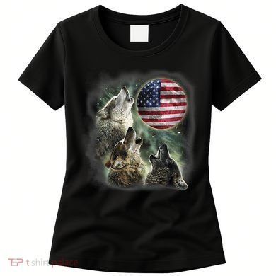 The Mountain Three Wolfs American Flag Moons Women's T-Shirt