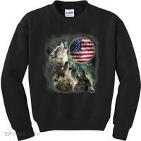 The Mountain Three Wolfs American Flag Moons Kids Sweatshirt thumb 0