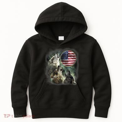The Mountain Three Wolfs American Flag Moons Kids Hoodie