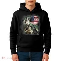 The Mountain Three Wolfs American Flag Moons Kids Hoodie thumb 4