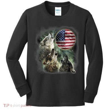 The Mountain Three Wolfs American Flag Moons Kids Long Sleeve Shirt