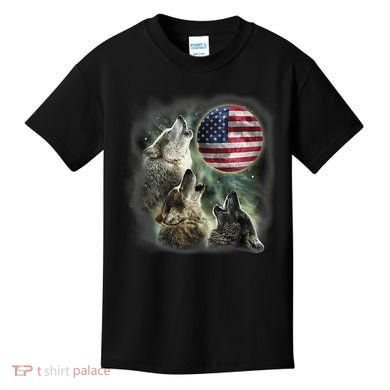 The Mountain Three Wolfs American Flag Moons Kids T-Shirt