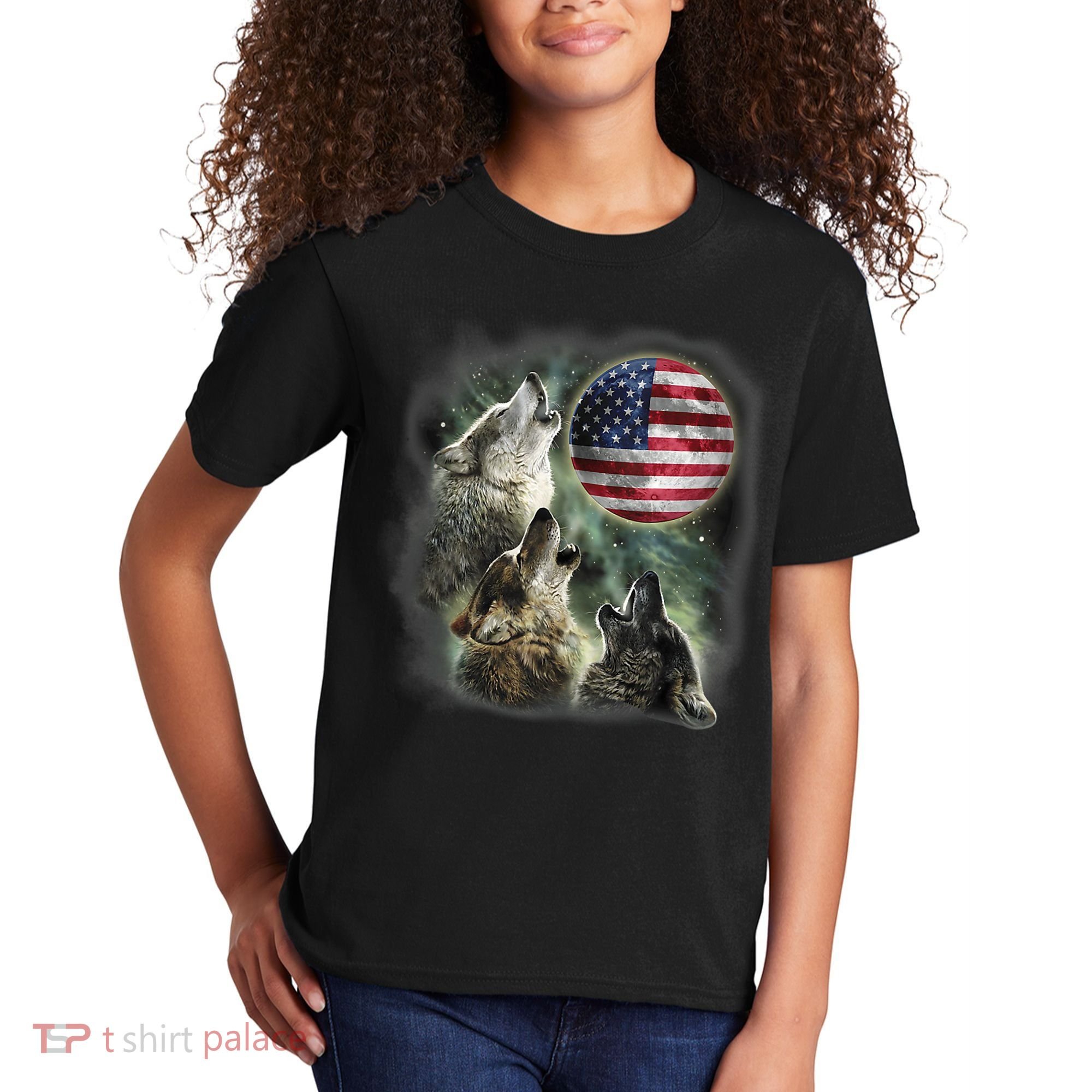 The Mountain Three Wolfs American Flag Moons Kids T-Shirt