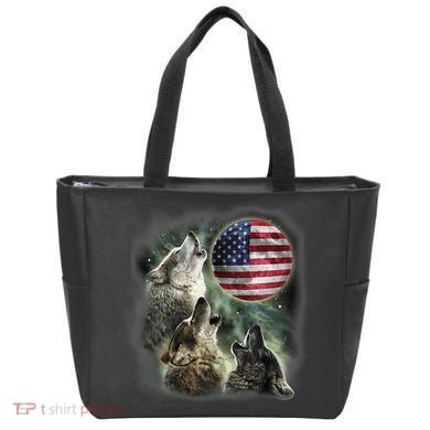 The Mountain Three Wolfs American Flag Moons Tote Bag