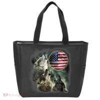 The Mountain Three Wolfs American Flag Moons Tote Bag thumb 0