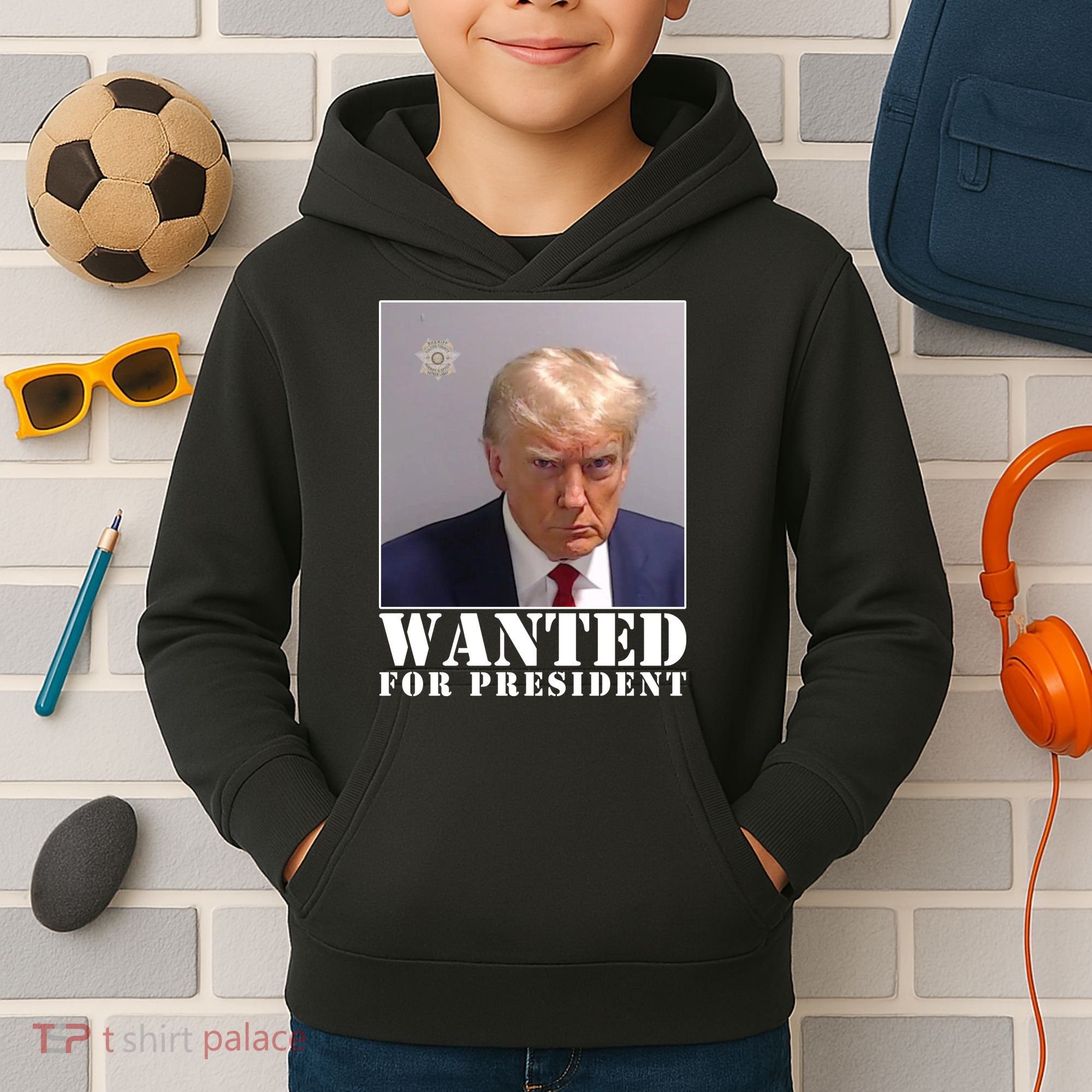 Trump Mugshot Wanted For President Kids Hoodie