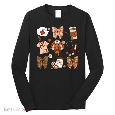 Thanksgiving Nurse Coquette Bow Ed Er Rn Fall Nursing Long Sleeve Shirt