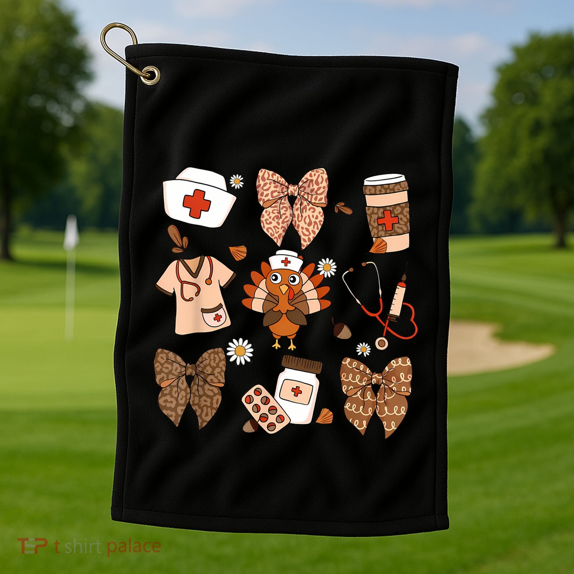 Thanksgiving Nurse Coquette Bow Ed Er Rn Fall Nursing Golf Towel