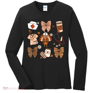 Thanksgiving Nurse Coquette Bow Ed Er Rn Fall Nursing Women's Long Sleeve Shirt