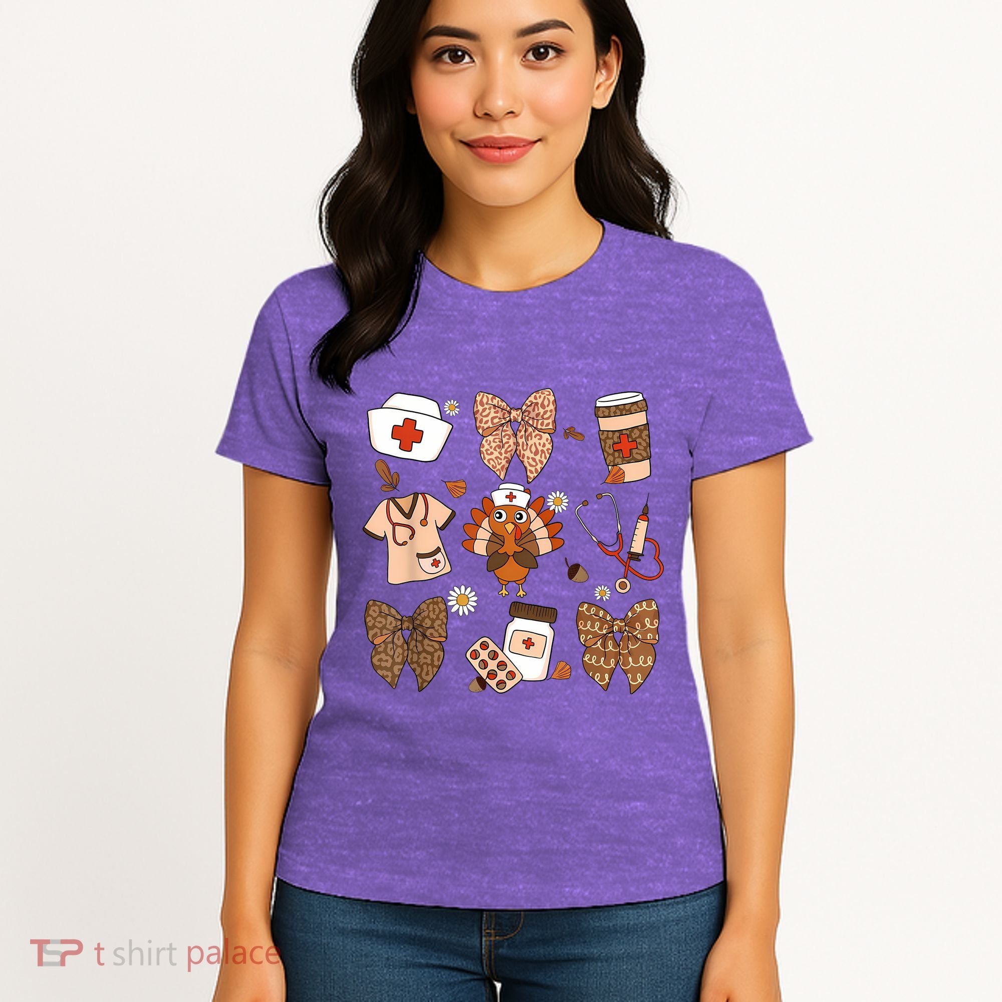 Thanksgiving Nurse Coquette Bow Ed Er Rn Fall Nursing Women's T-Shirt
