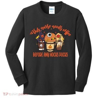 This Nurse Needs Coffee Funny Halloween Graphic Plus Size Kids Long Sleeve Shirt