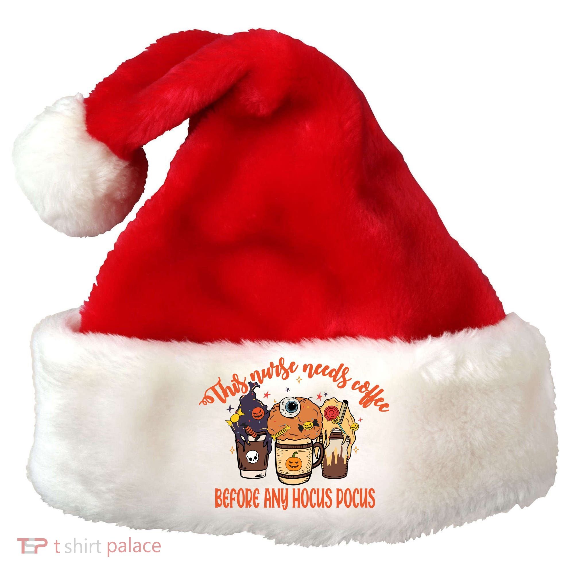 This Nurse Needs Coffee Funny Halloween Graphic Plus Size Santa Hat