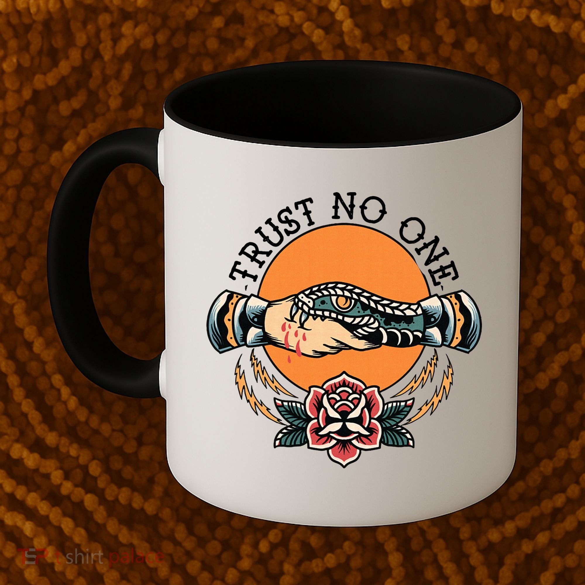 Trust No One Handshake Snake Traditional Tattoo Art Coffee Mug