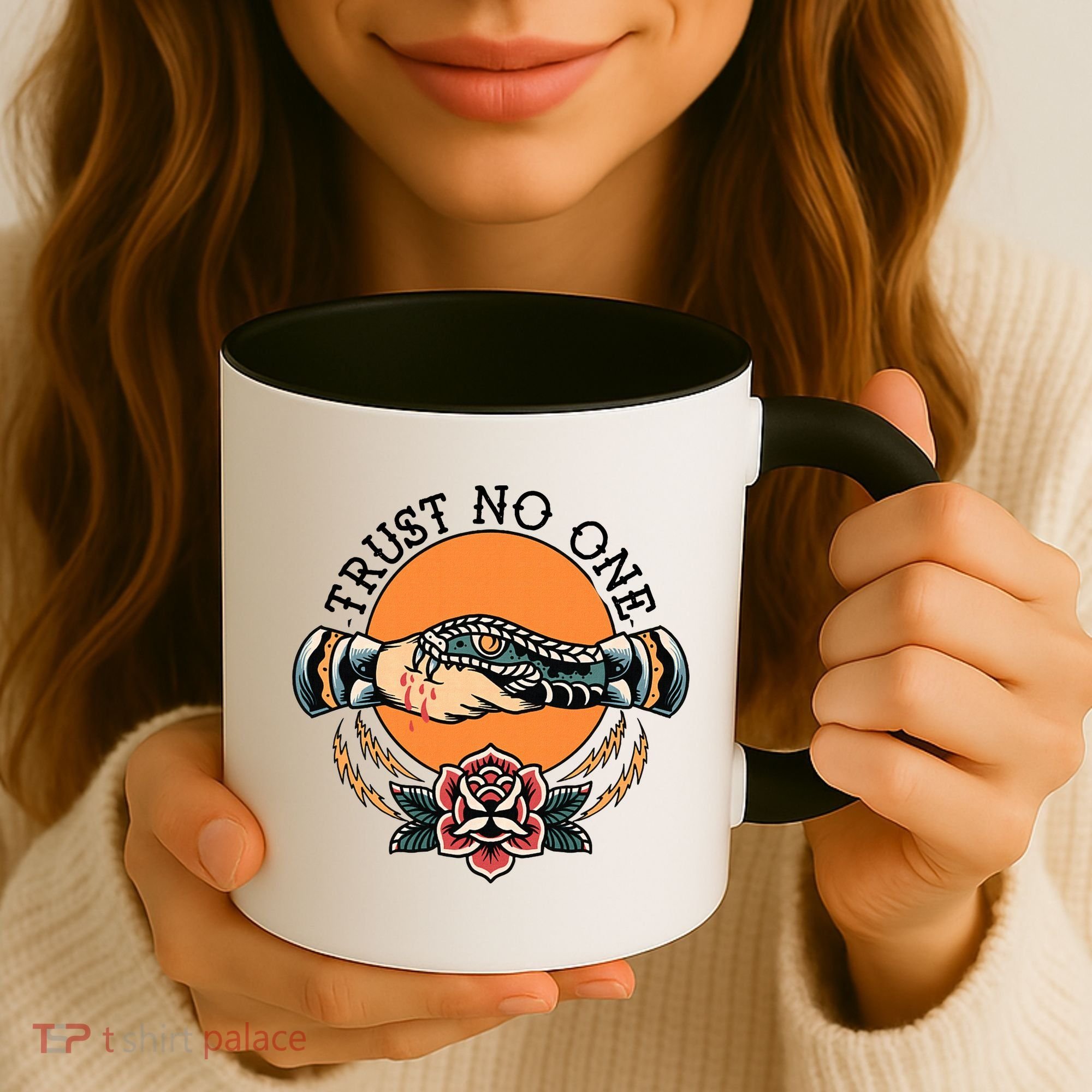 Trust No One Handshake Snake Traditional Tattoo Art Coffee Mug