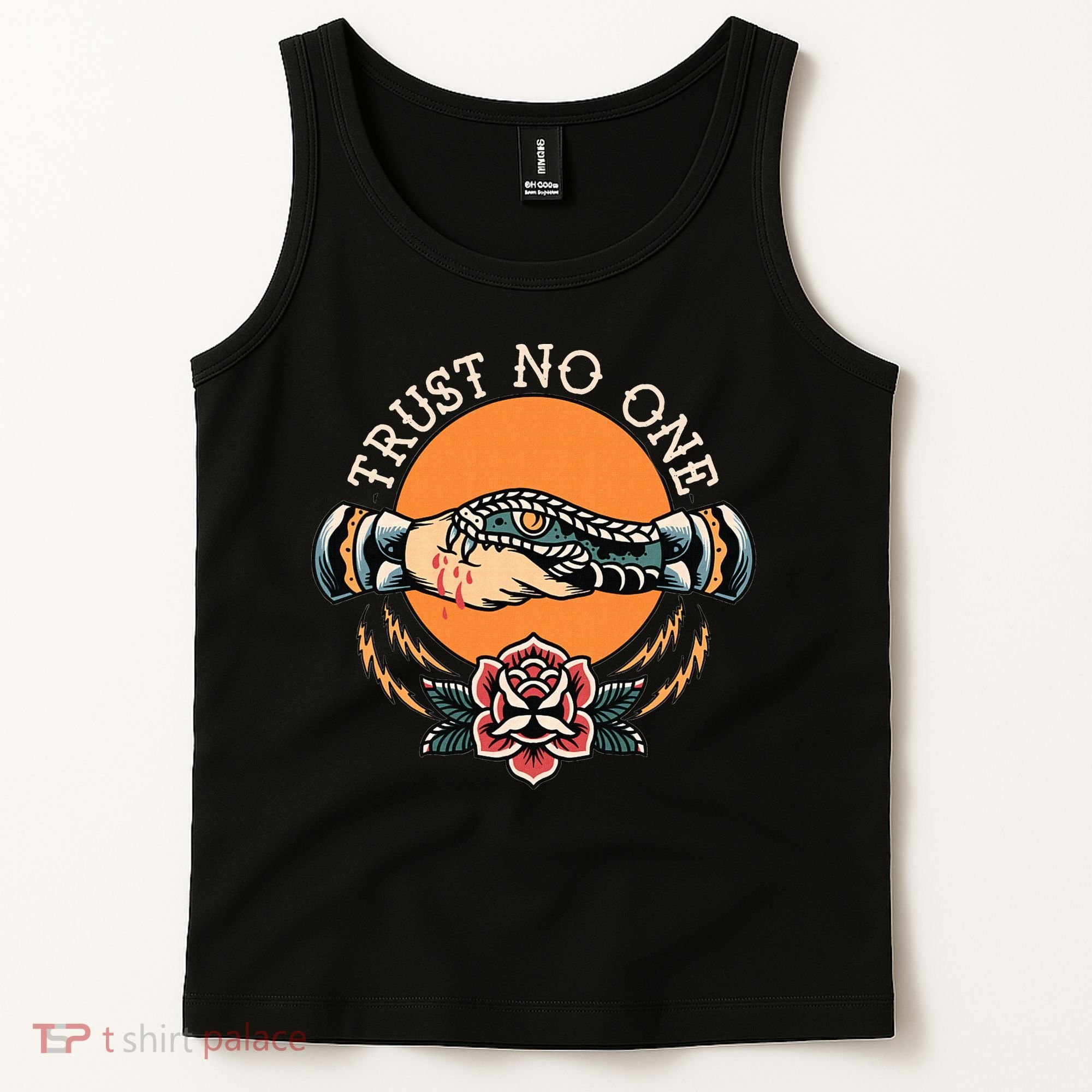 Trust No One Handshake Snake Traditional Tattoo Art Tank Top