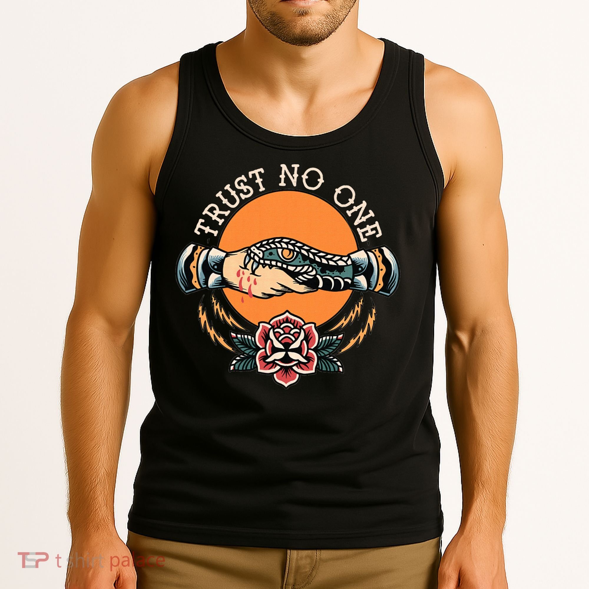 Trust No One Handshake Snake Traditional Tattoo Art Tank Top