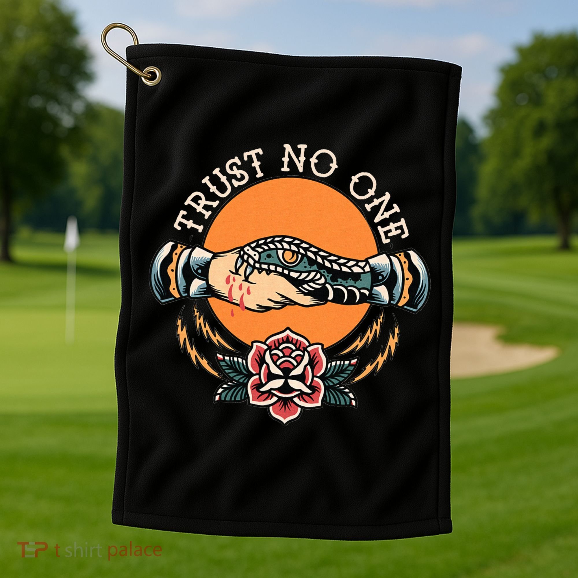Trust No One Handshake Snake Traditional Tattoo Art Golf Towel