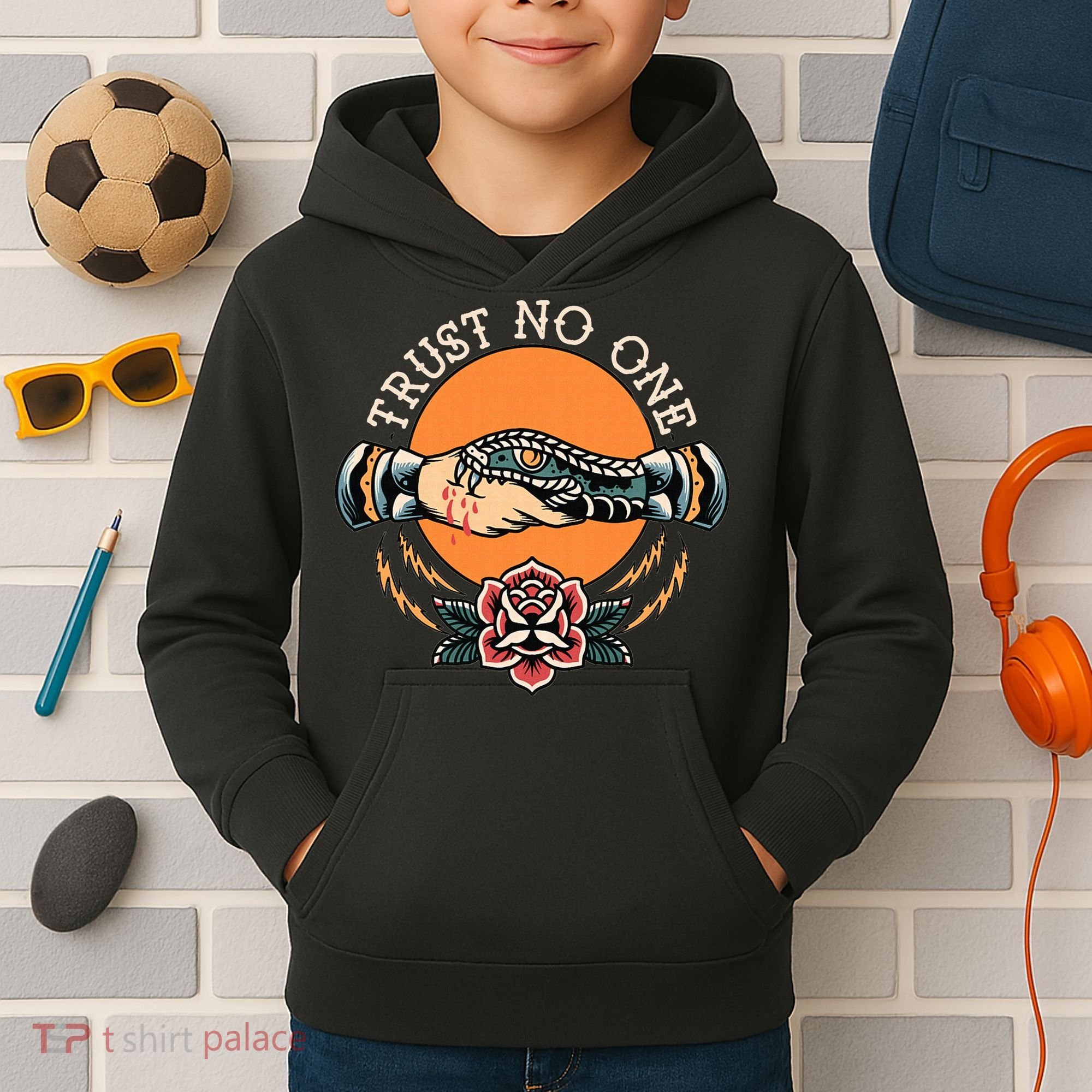 Trust No One Handshake Snake Traditional Tattoo Art Kids Hoodie