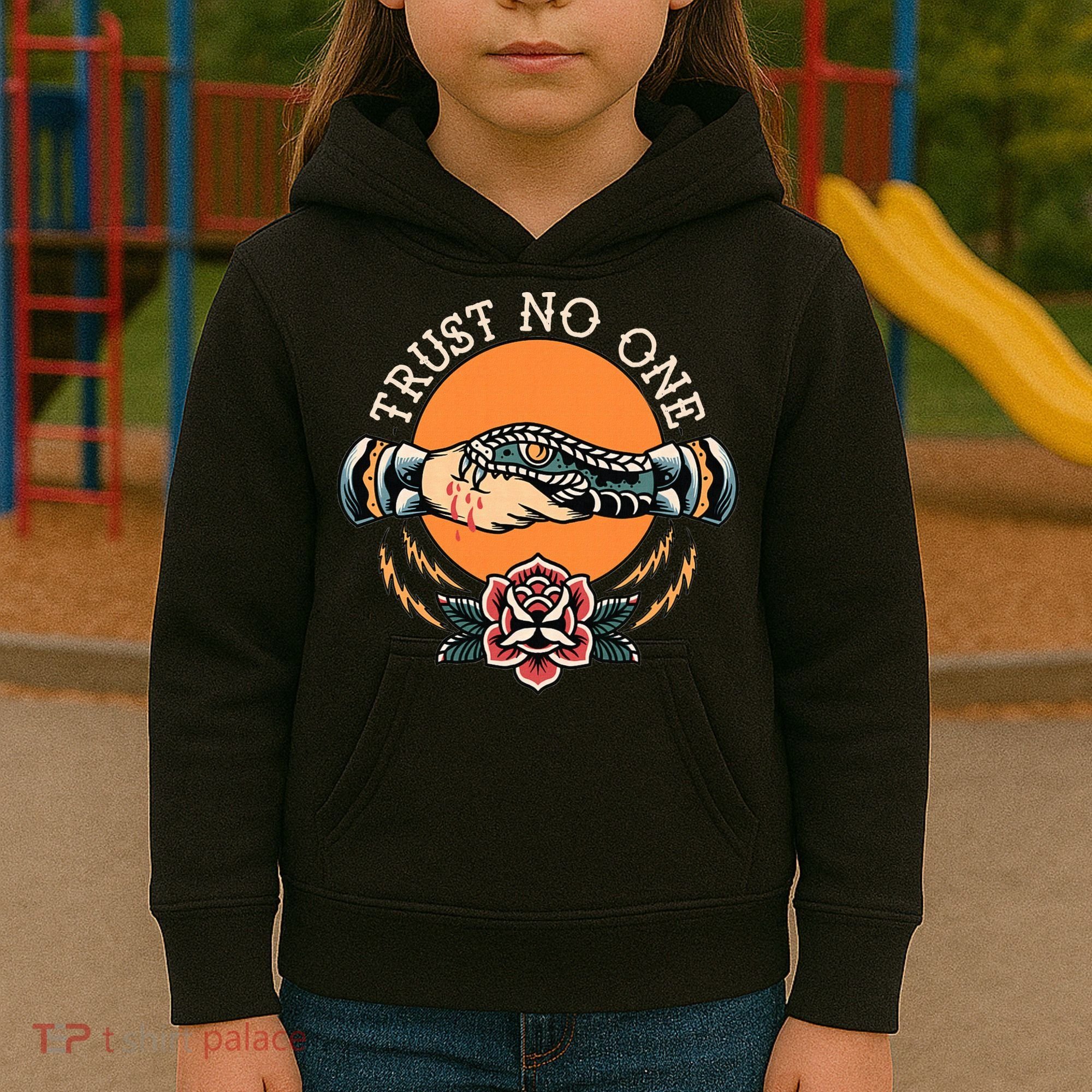 Trust No One Handshake Snake Traditional Tattoo Art Kids Hoodie