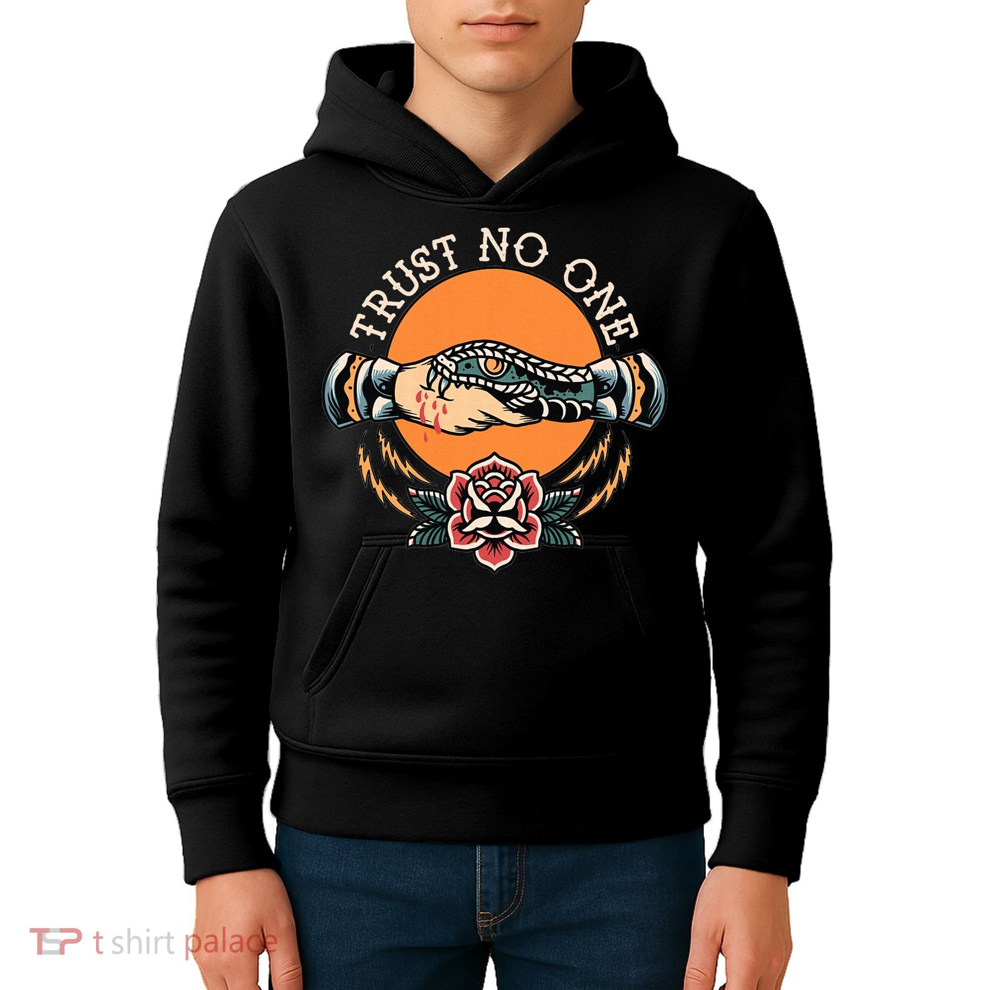 Trust No One Handshake Snake Traditional Tattoo Art Kids Hoodie