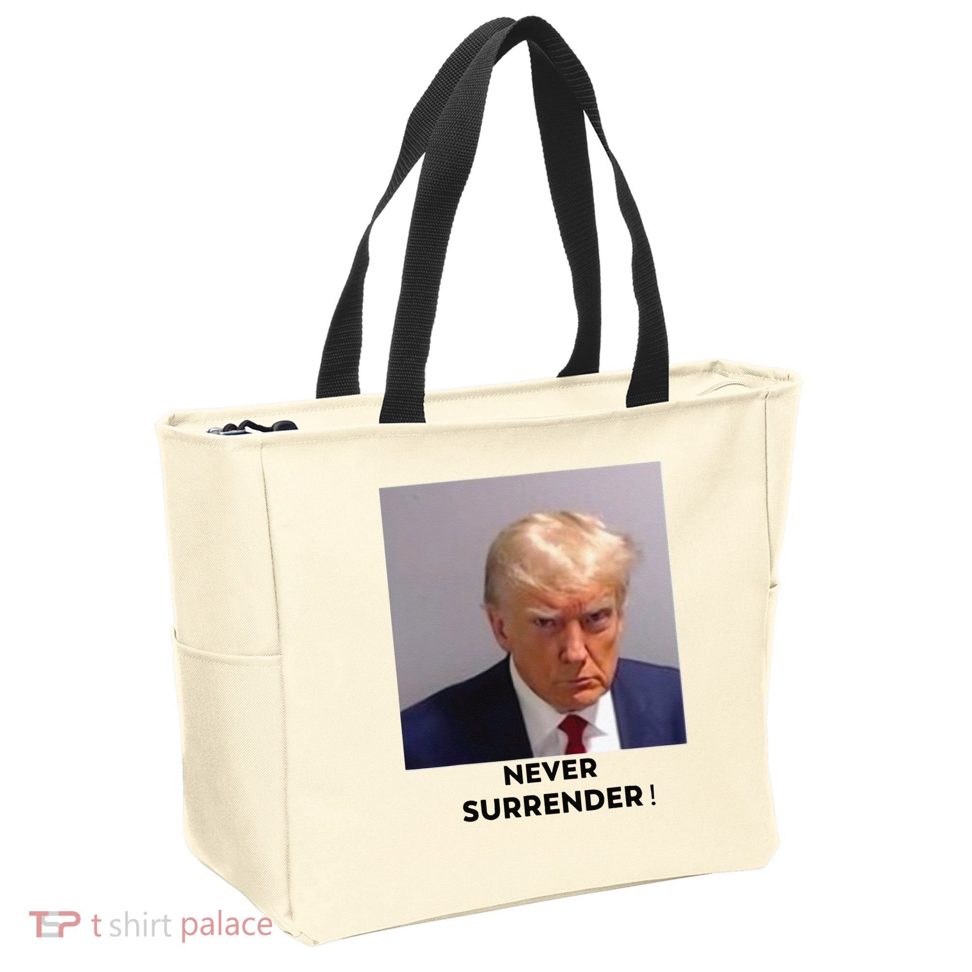 Trump Never Surrender Mug Shot Tote Bag