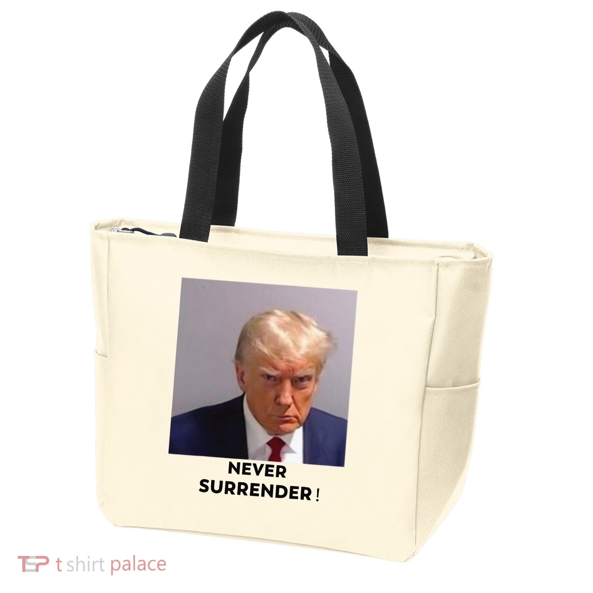 Trump Never Surrender Mug Shot Tote Bag
