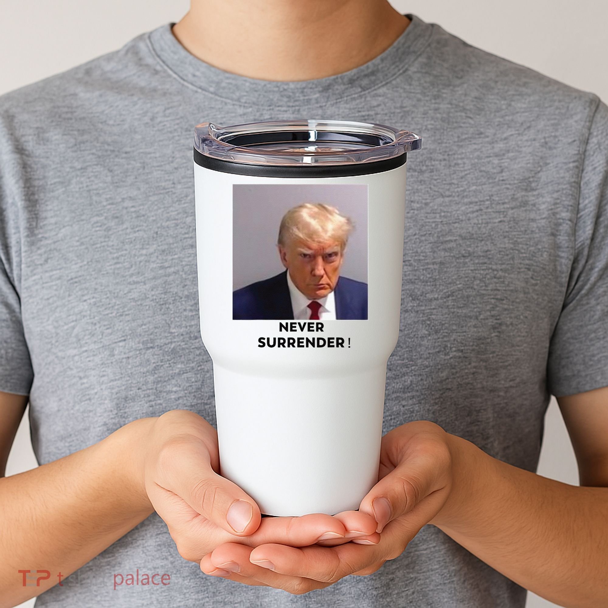 Trump Never Surrender Mug Shot Tumbler