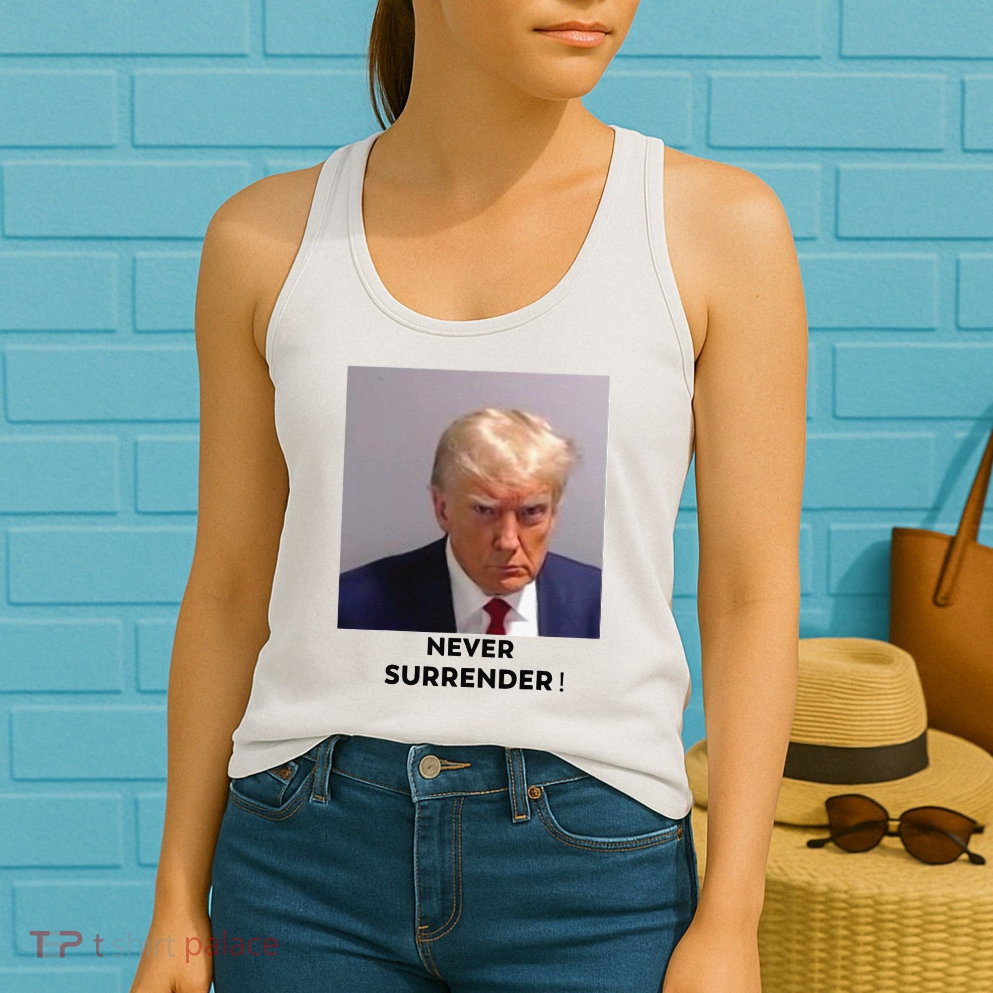 Trump Never Surrender Mug Shot Women's Tank Top