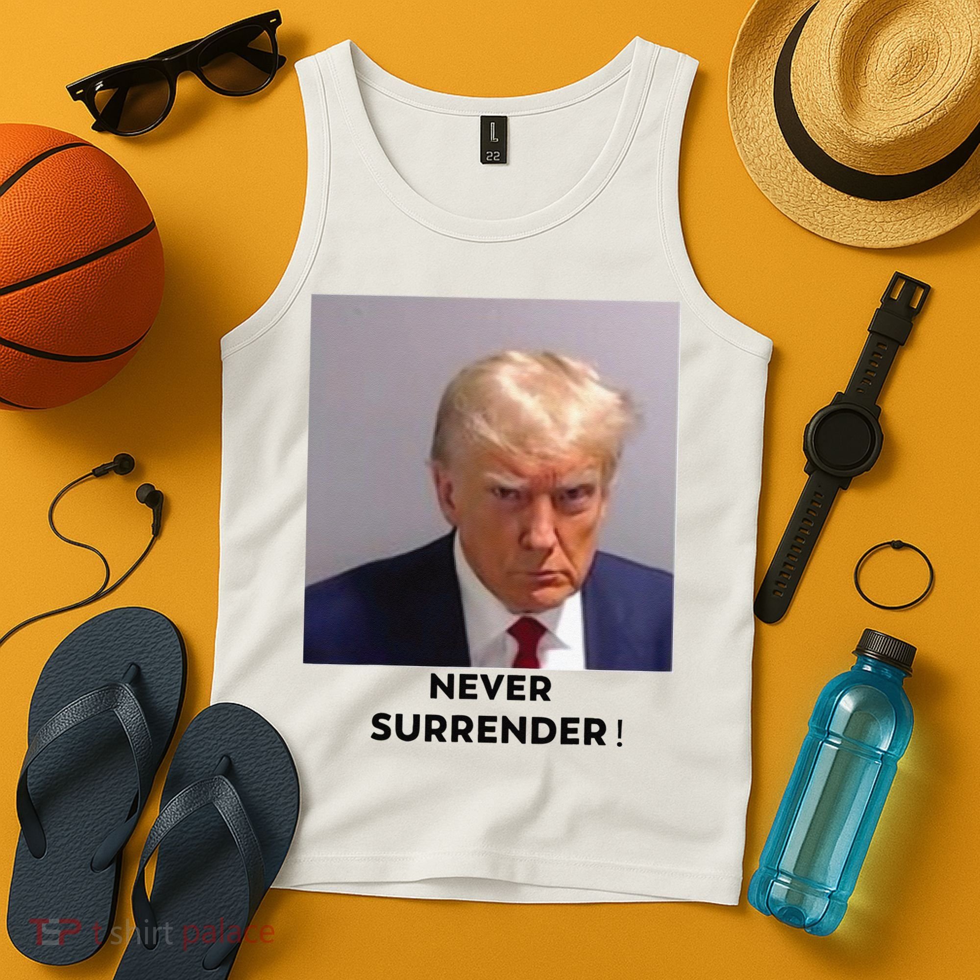 Trump Never Surrender Mug Shot Tank Top