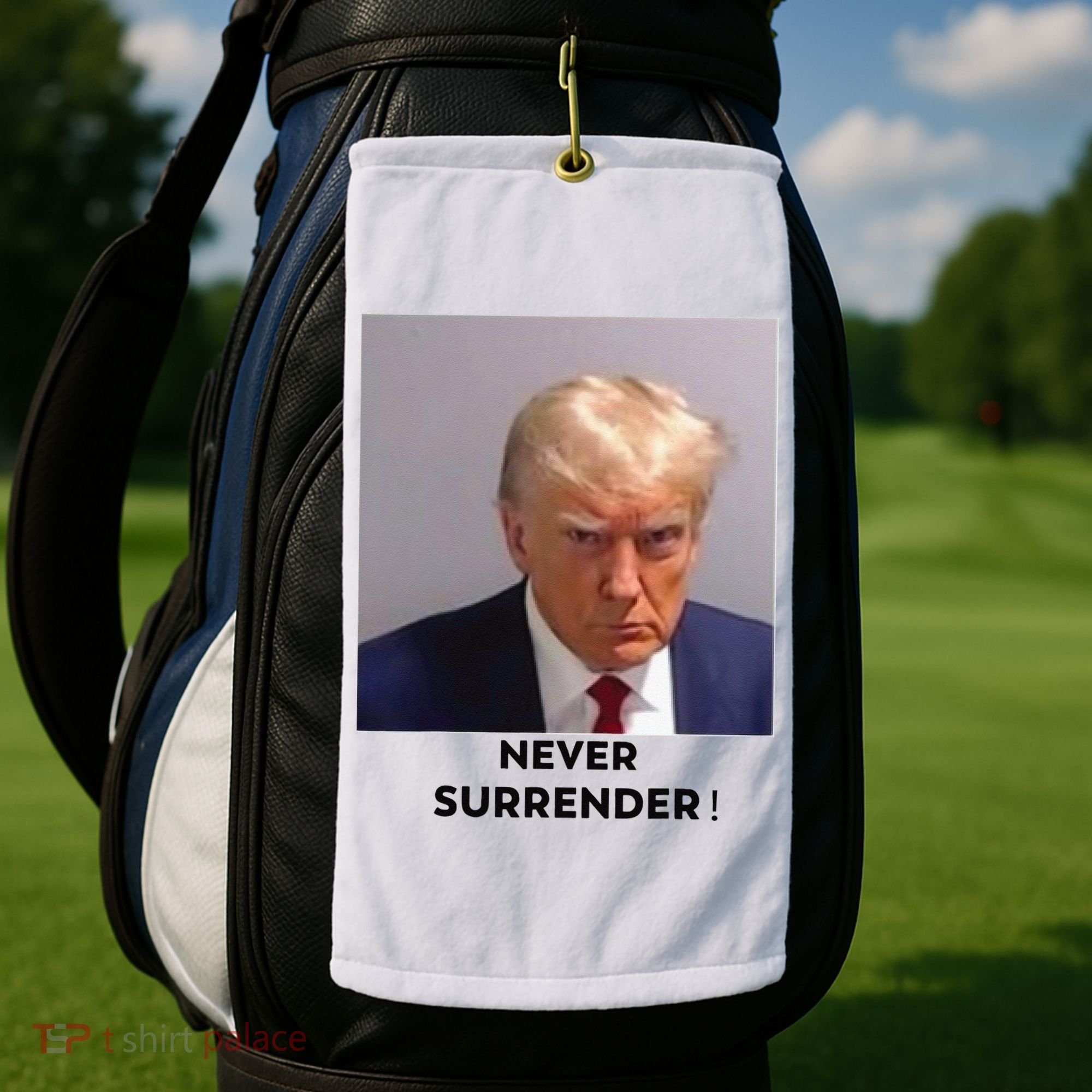Trump Never Surrender Mug Shot Golf Towel