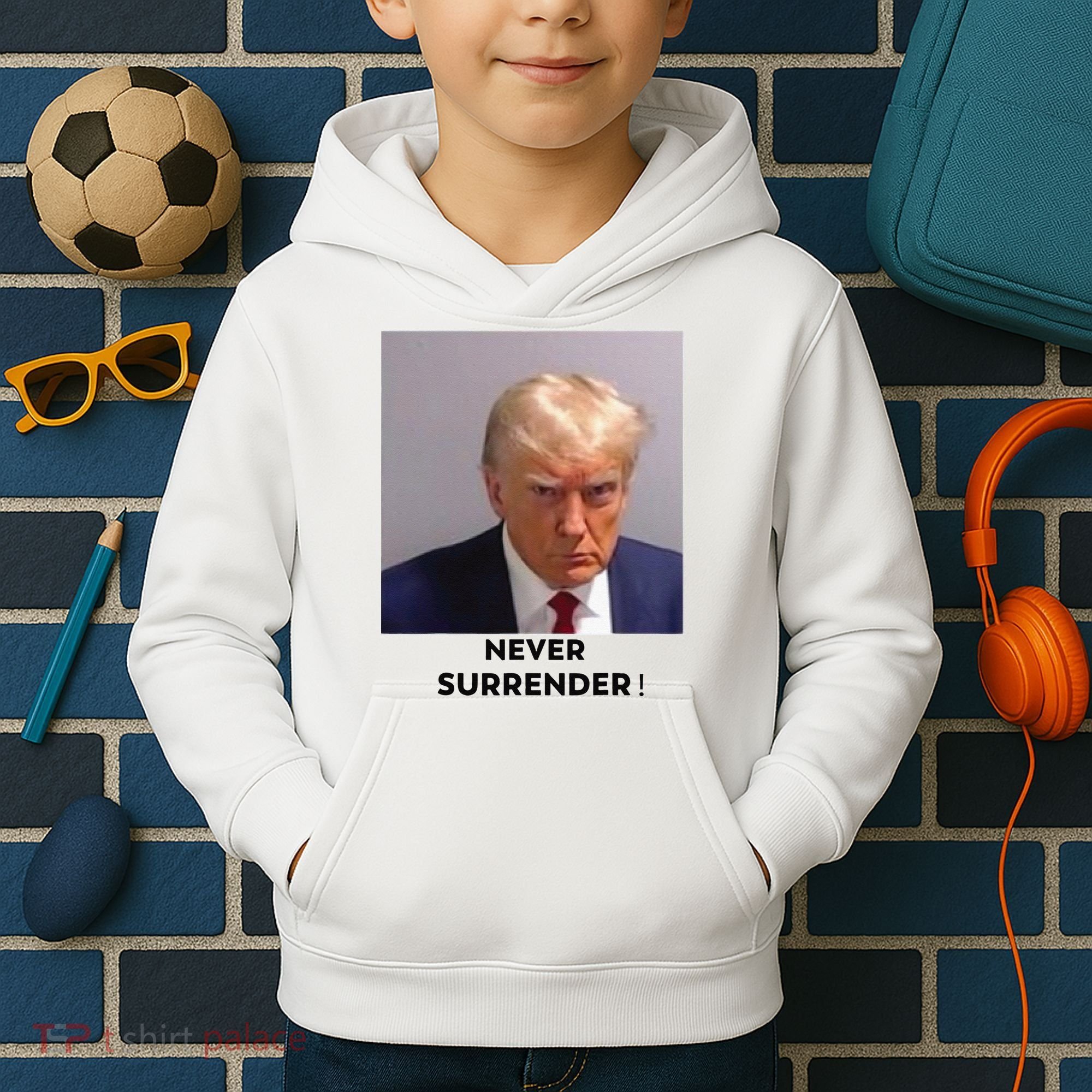 Trump Never Surrender Mug Shot Kids Hoodie