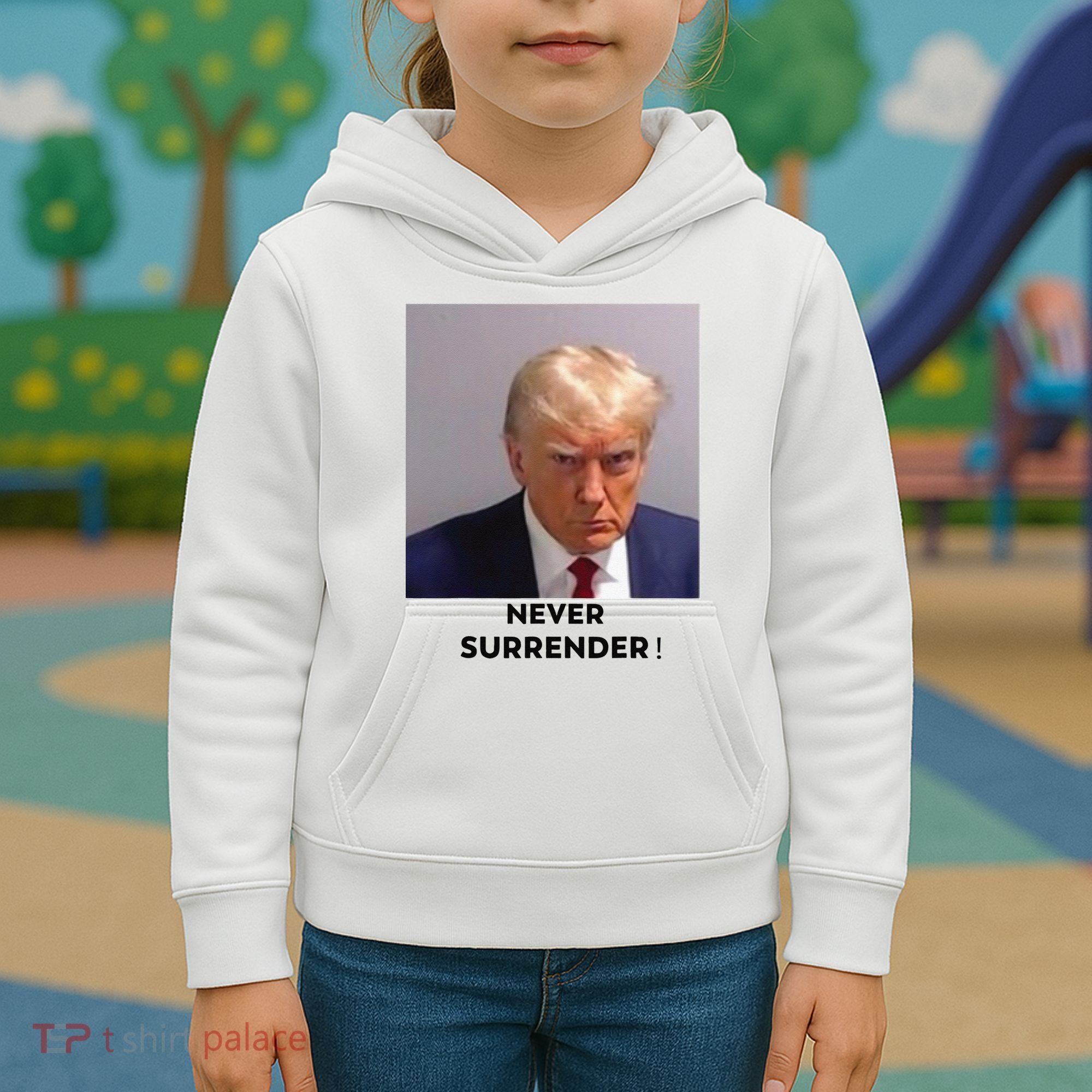 Trump Never Surrender Mug Shot Kids Hoodie