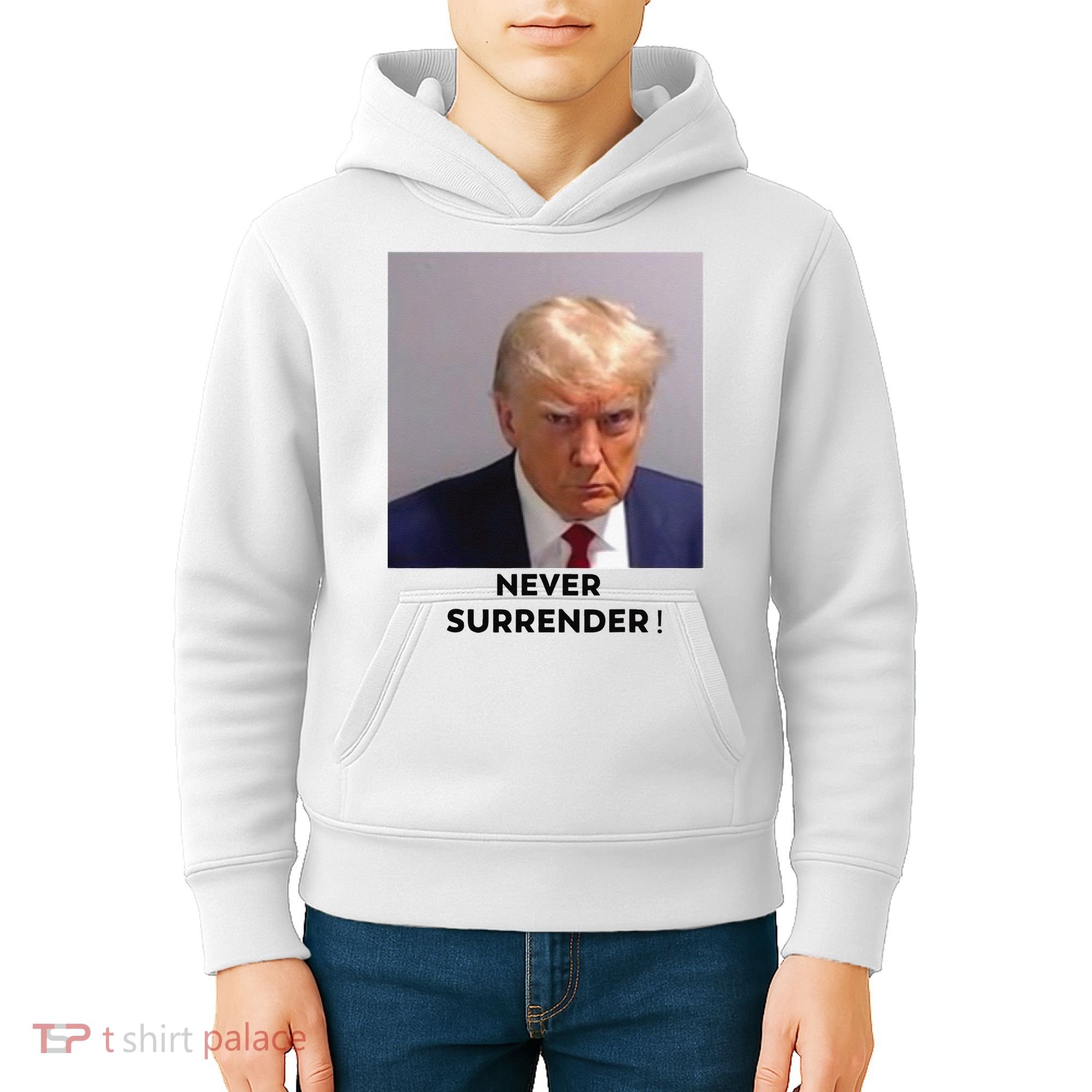 Trump Never Surrender Mug Shot Kids Hoodie