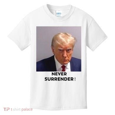Trump Never Surrender Mug Shot Kids T-Shirt