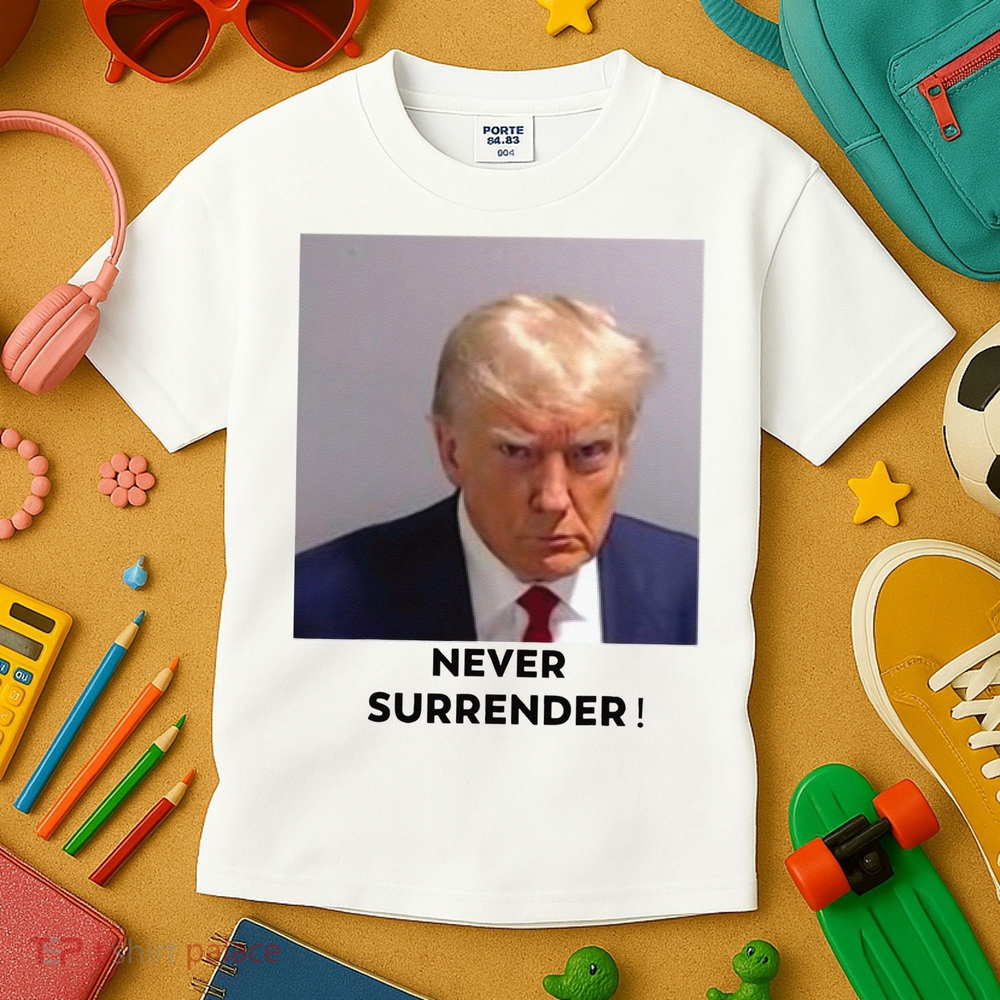 Trump Never Surrender Mug Shot Kids T-Shirt