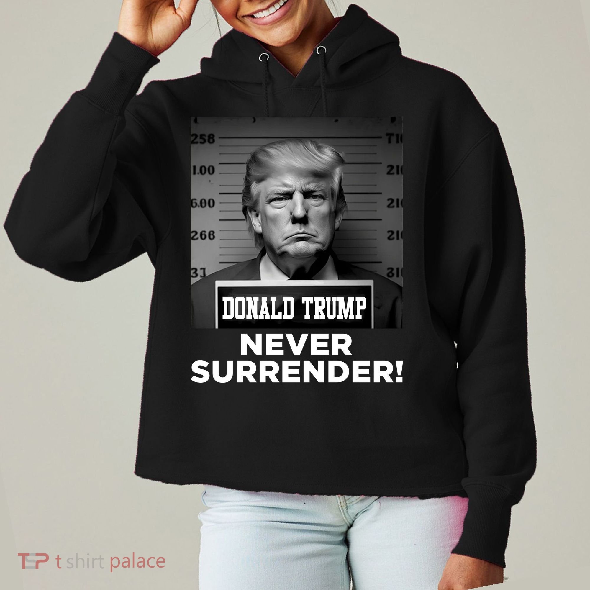Trump Never Surrender 2024 Mugshot Ladies Heavyweight Boxy Pullover Hoodie