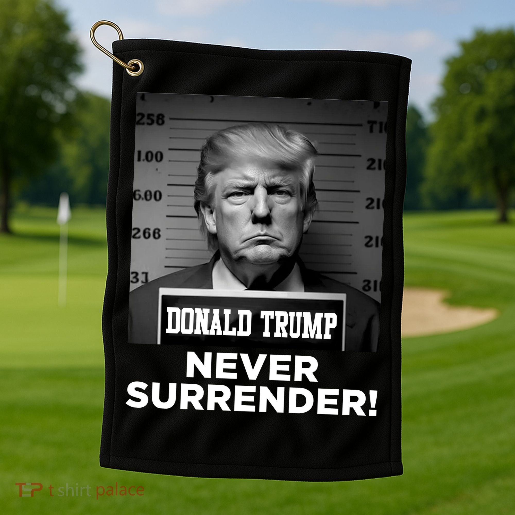 Trump Never Surrender 2024 Mugshot Golf Towel