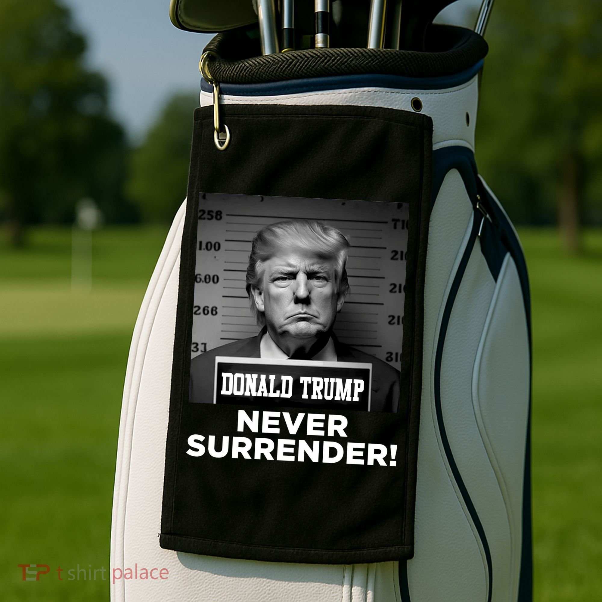 Trump Never Surrender 2024 Mugshot Golf Towel