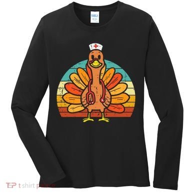 Turkey Nurse Stethoscope Thanksgiving Fall Scrub Top Women's Long Sleeve Shirt