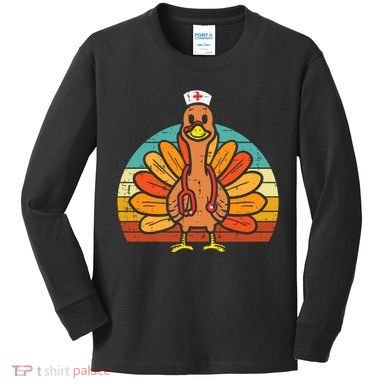 Turkey Nurse Stethoscope Thanksgiving Fall Scrub Top Kids Long Sleeve Shirt