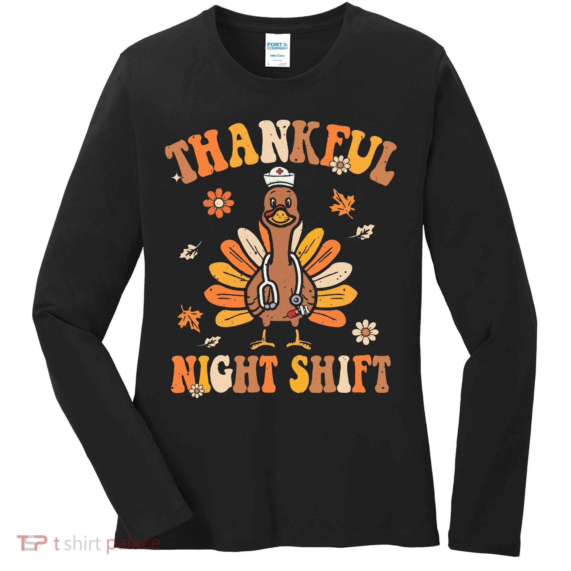 Thankful Night Shift Nurse Groovy Thanksgiving Turkey Nurse Women's Long Sleeve Shirt