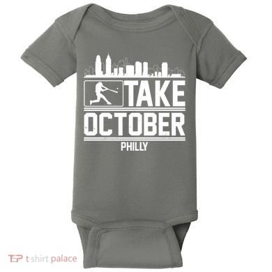 Take October Baseball Fan Philadelphia Skyline Baby Bodysuit